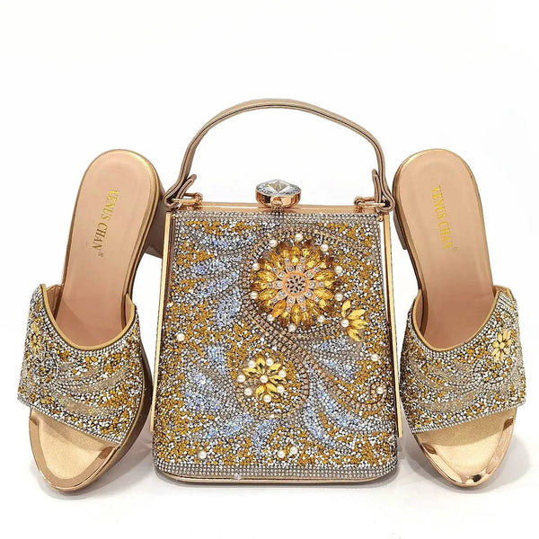 Latest Yellow Color Italian Women Wedding Shoes and Bag Set