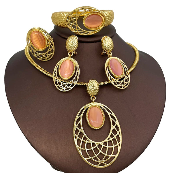 Elegant Earrings for Women Round Opal Pendant Chain Earring Bangle Ring Set