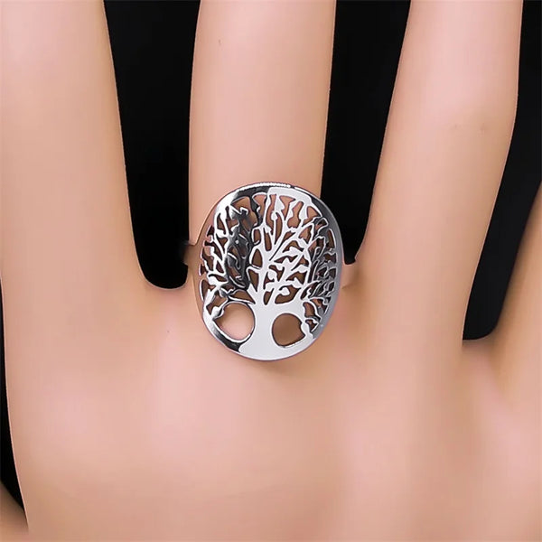 Vintage Viking Tree of Life Ring Stainless Steel Adjustable Finger Rings for Women Men