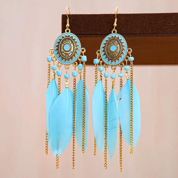 Ethnic Oval Drop Glaze Feather Earrings for Women