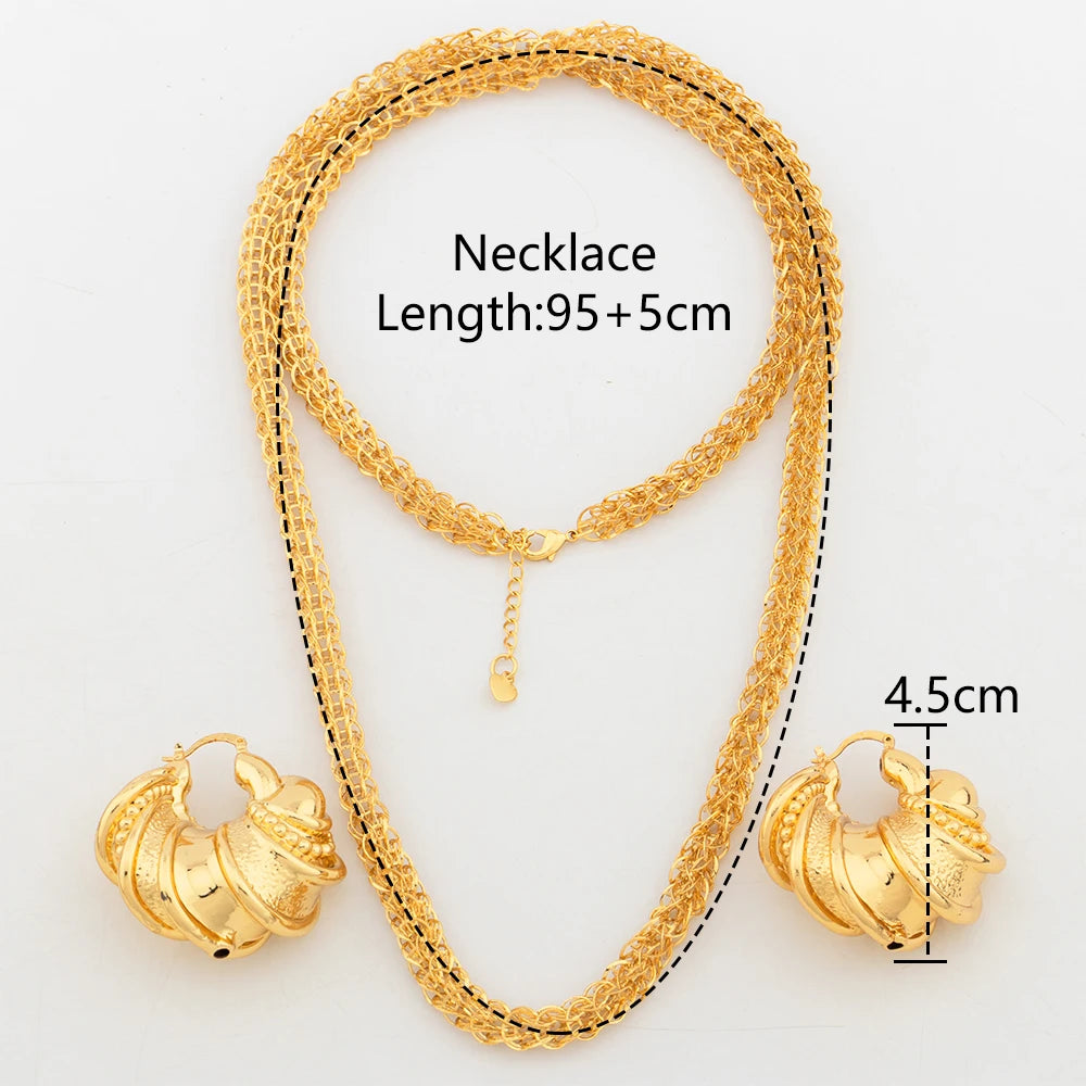 Gold Color African Party Fashion Dubai Long Necklace Bold Earrings For Women