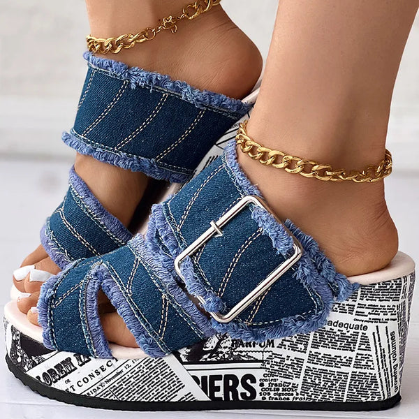 Casual Fashion Vacation  Buckled Denim Wedge Slippers Sandals