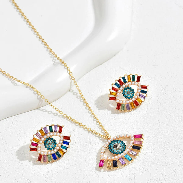 2 PCS Set Multi Color Crystal Evil Eye Necklace Earring Jewelry Set