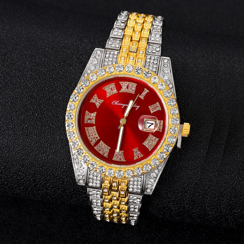 Iced Out Diamond Watch Quartz Gold Silver Color Micro  Stainless Steel Watch