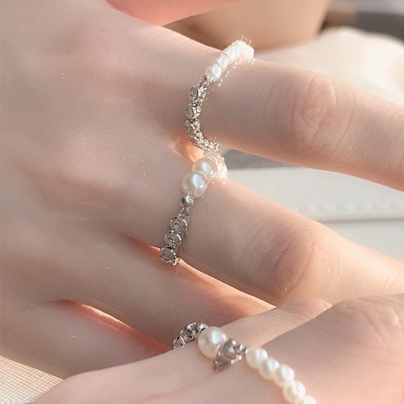 Korean Freshwater Pearl Rhinestone Splicing Rings For Women