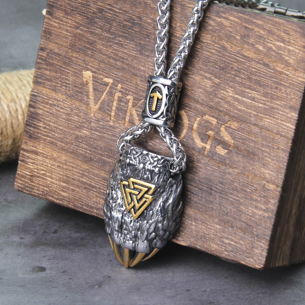 Nordic Viking Bear Claw Valknut Necklace Men's