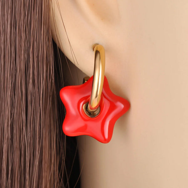 18K Gold Plated Fashion Painted Glaze Blue Red Star Hoop Earrings For Women