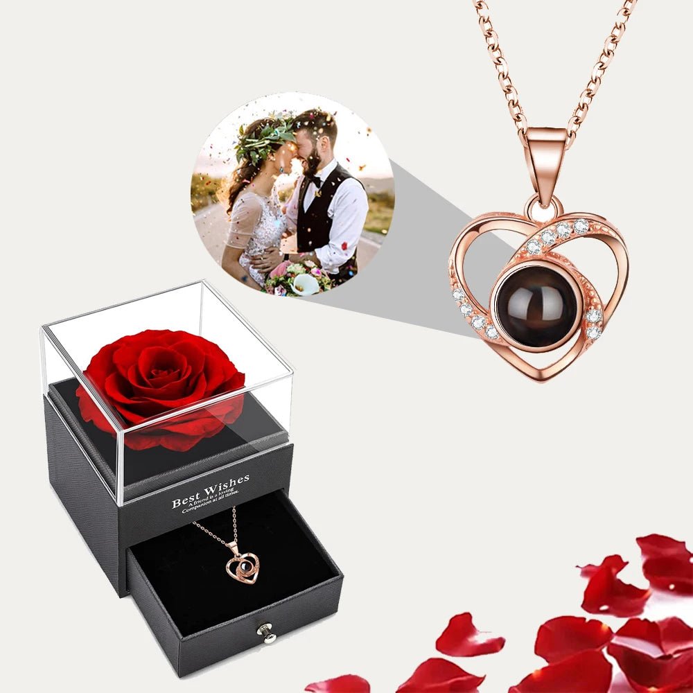 Custom Picture Projection Necklace Set With Rose Gift Box Heart Pendant Jewelry