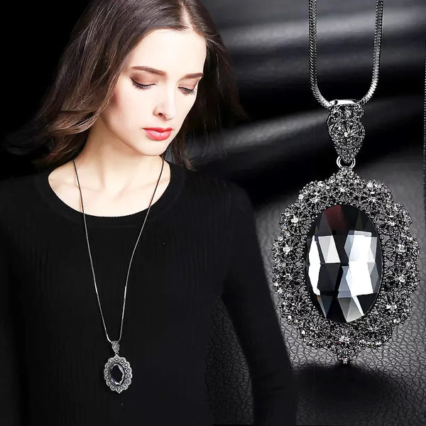 Vintage Lace Pattern Oval Gray Cubic zirconia Pendant Long Necklace For Women