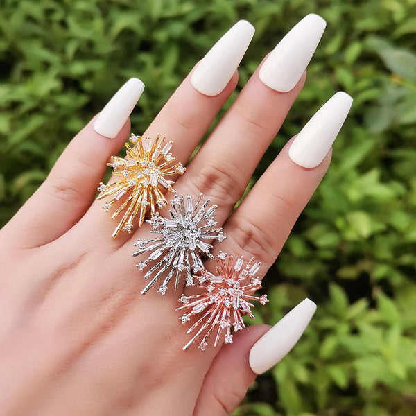 Stunning Fireworks Shaped Rings Adjustable Size Rose Gold Silver Color Women