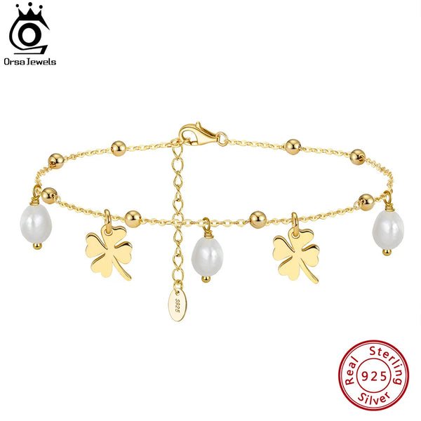 925 Sterling Silver Chain Anklets with Pearl and Four Leaf Clover Summer Beach Anklets