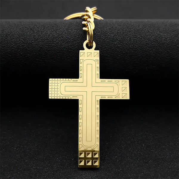 Jesus Cross Key Chains Stainless Steel Gold Color Religious Key Ring