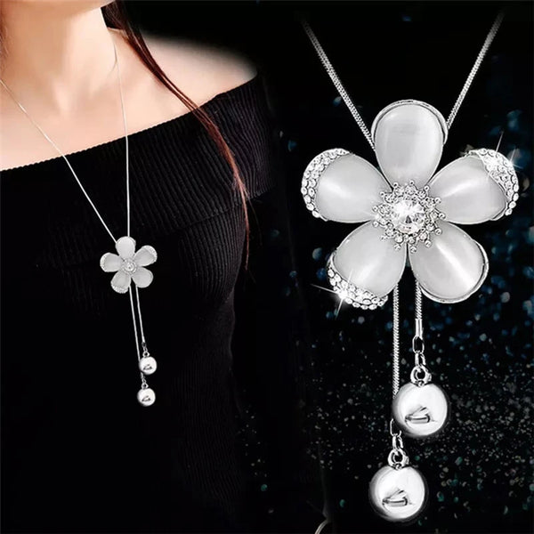 Fashion White Opal Cubic Zirconia Flower Pendant Necklace For Women