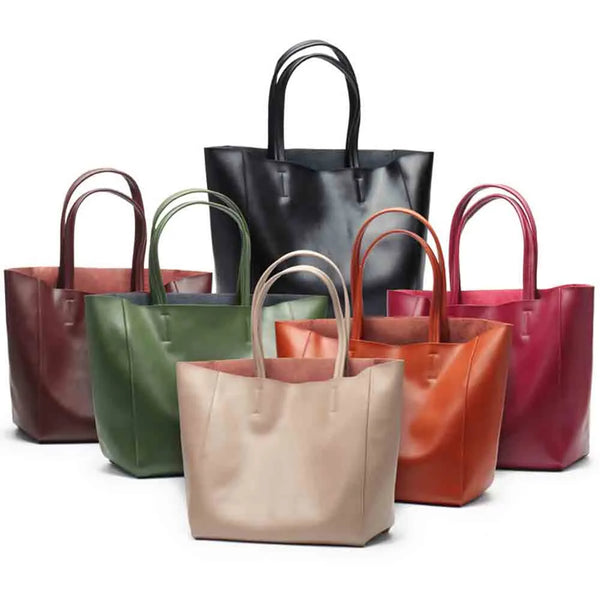 Thick Cow Leather Minimalism Women Tote Bag 36cm  Large Capacity Shopping Handbag