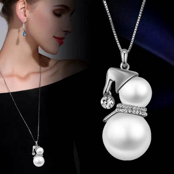 Cute Snowman Big Pearl Pendant Long Necklace Snake Chain For Women