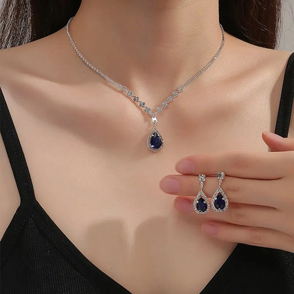 2 Pcs Set Blue Crystal Stone Pendant Necklace Bracelet