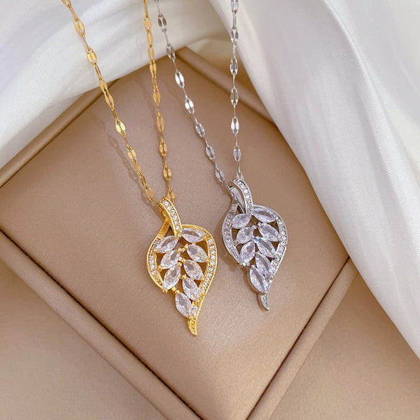 Gold Color Charming Leaf Full Rhinestone Pendant Necklace For Women