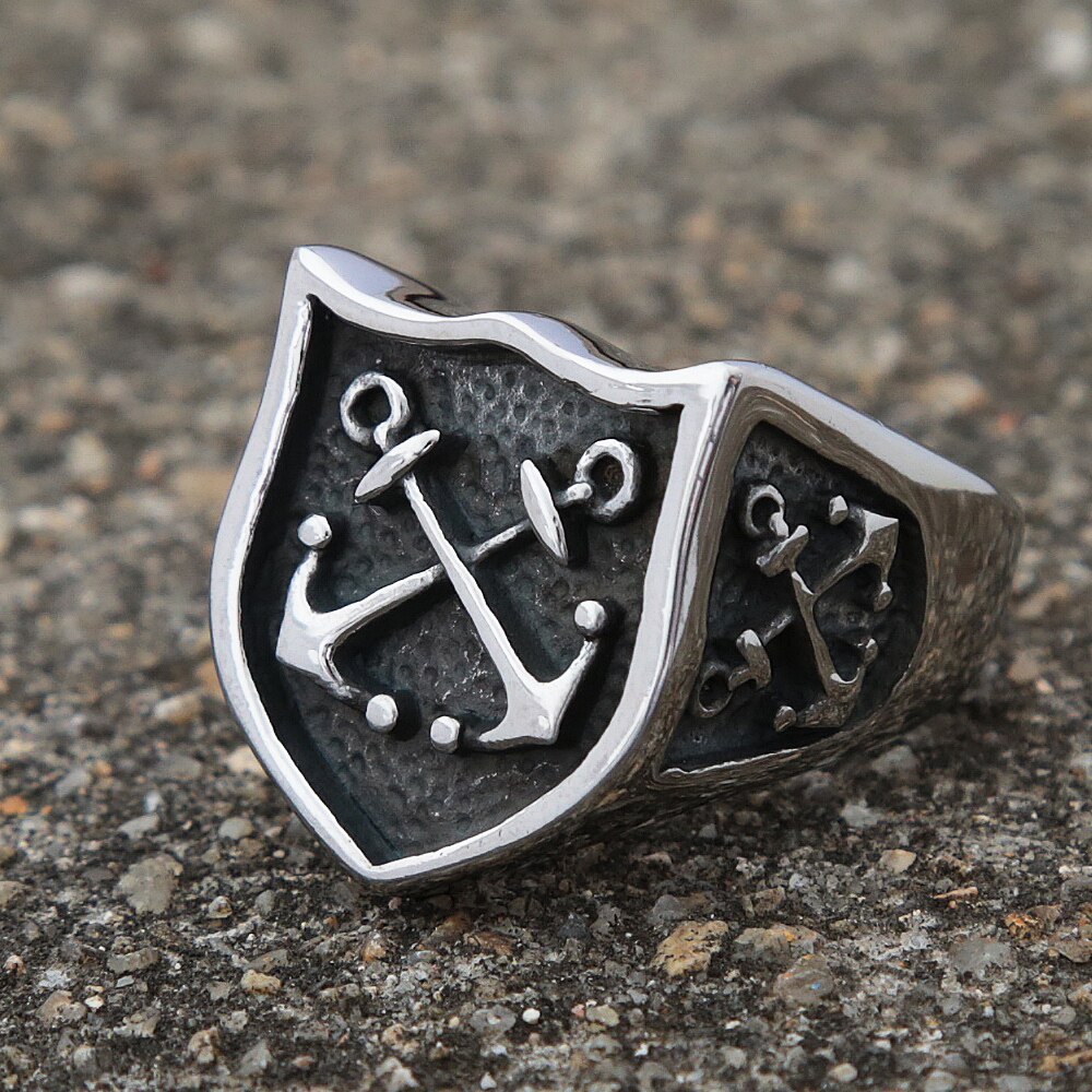 Vintage Men Viking Anchor Ring Unique Pirate Shield Anchor Biker Ring