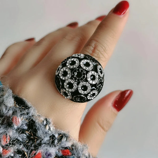 Unique Vintage Half Ball Round Black Enamel Big Rings