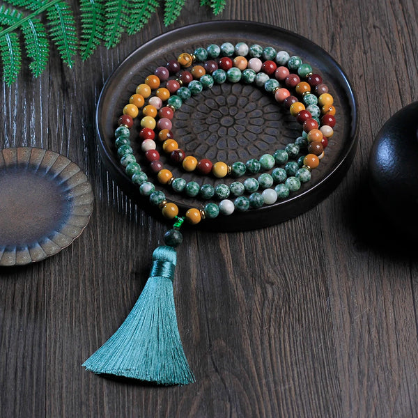 108 Mala Beaded Tassel Necklace,8mm beads Lapis lazuli and yolk vitellite Japamala Meditation