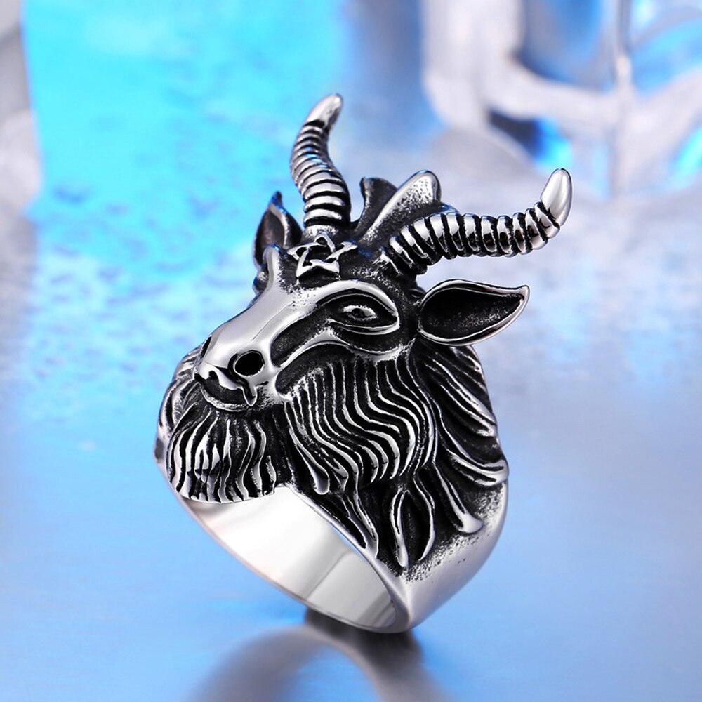 Gothic Men Satan Ring Stainless Steel Punk Biker Satan Six Pointed Star Animal Goat Head Ring