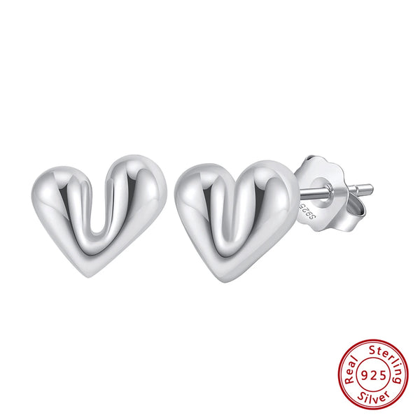 Genuine 925 Sterling Silver Heart Shape Stud Earrings