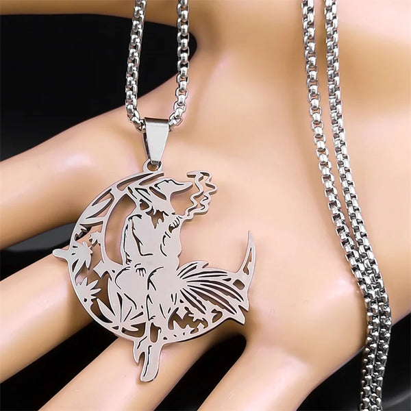 Witch Hat Smoking Moon Leaf Pendant Necklace for Women/Men Silver Color