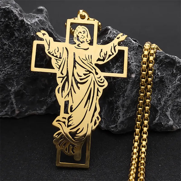 Jesus Cross Stainless Steel Pendant Necklace Gold Color for Women/Men