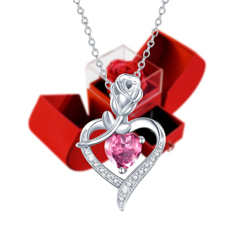 Heart Necklace with Flower Jewelry Box Red Crystal Heart Pendant Necklace Birthday Mother's Day Jewelry Gift