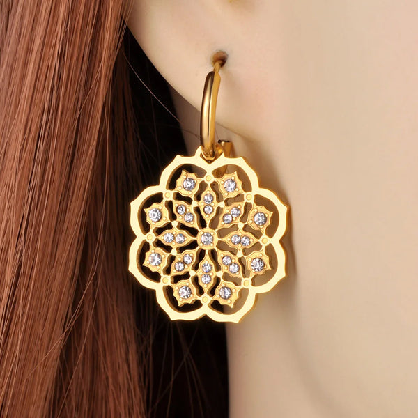 Trendy Rhinestone Rose Flower Hoop Earrings For Women