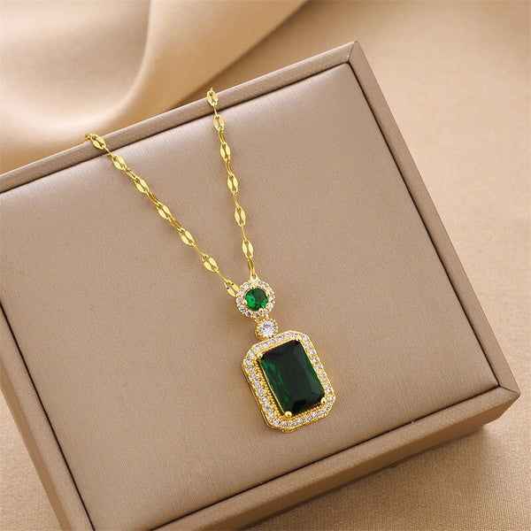 Temperament Green Red Imitation Gemstone Square Pendant Necklace For Women