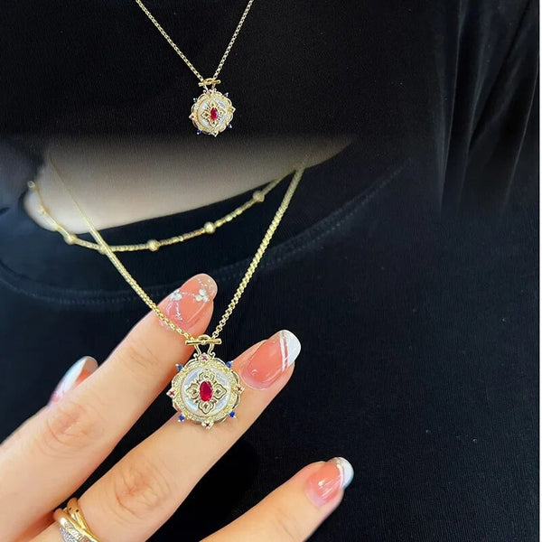 Luxury Retro Red Crystal Natural White Shell Stone Jewelry Pendant Necklace for Women