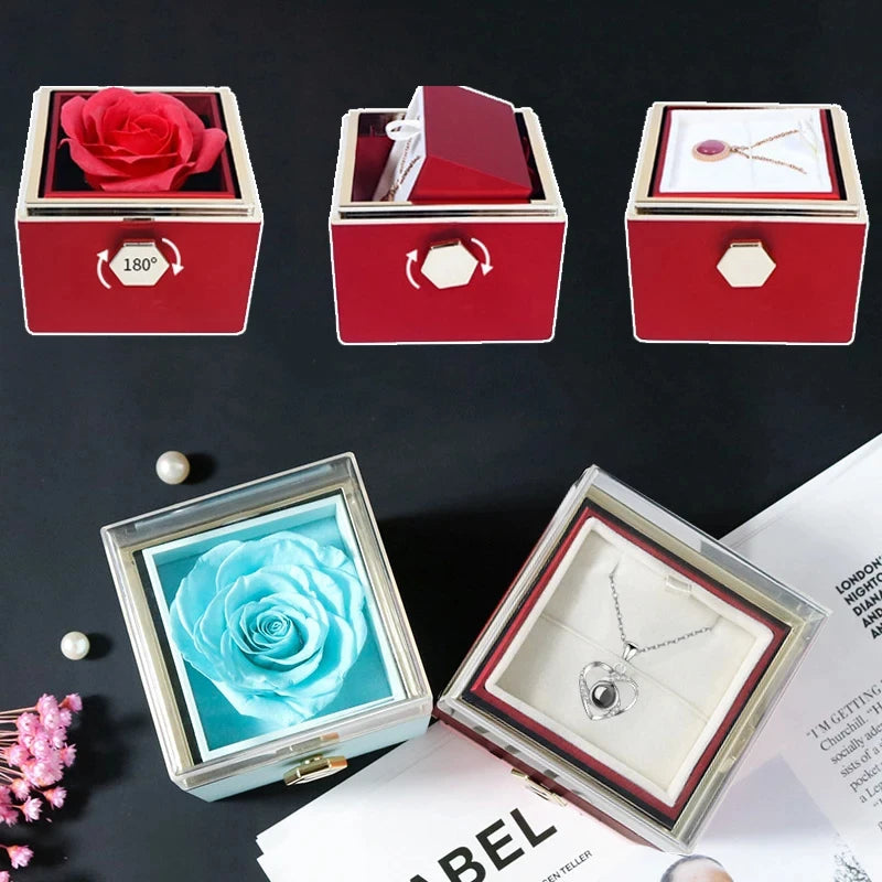 Zircon Flower Mom Necklace With Rotating Rose Gift Box Hot Creative Jewelry Set For Mom