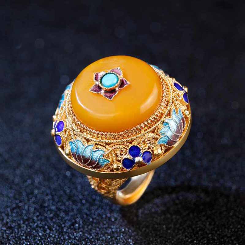 Ancient gold craftsmanship natural yellow chalcedony lotus enamel porcelain rings for women