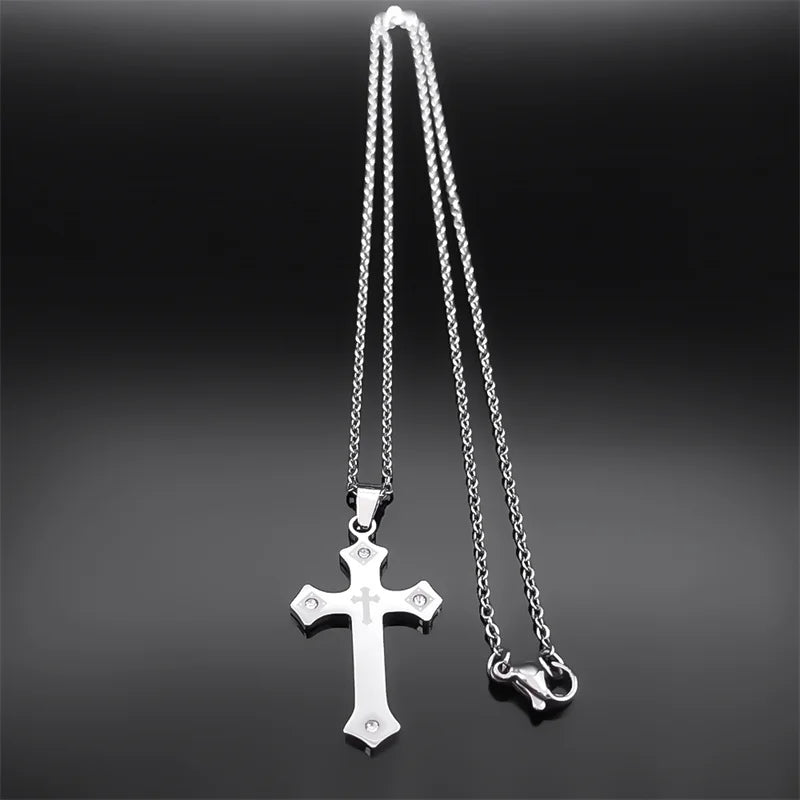 Catholic Cross Chain Necklace for Women Men Stainless Steel Crystal Blessing Necklaces