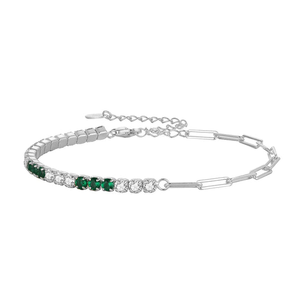 3mm Round White&Green CZ Tennis Chain with PaperClip Chain for Women