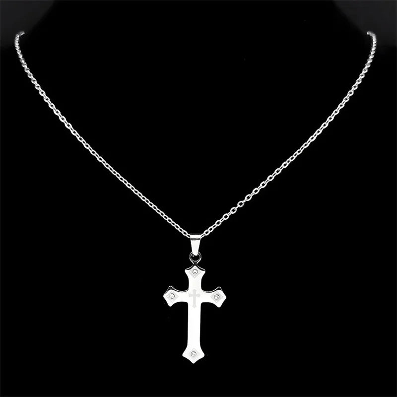 Catholic Cross Chain Necklace for Women Men Stainless Steel Crystal Blessing Necklaces