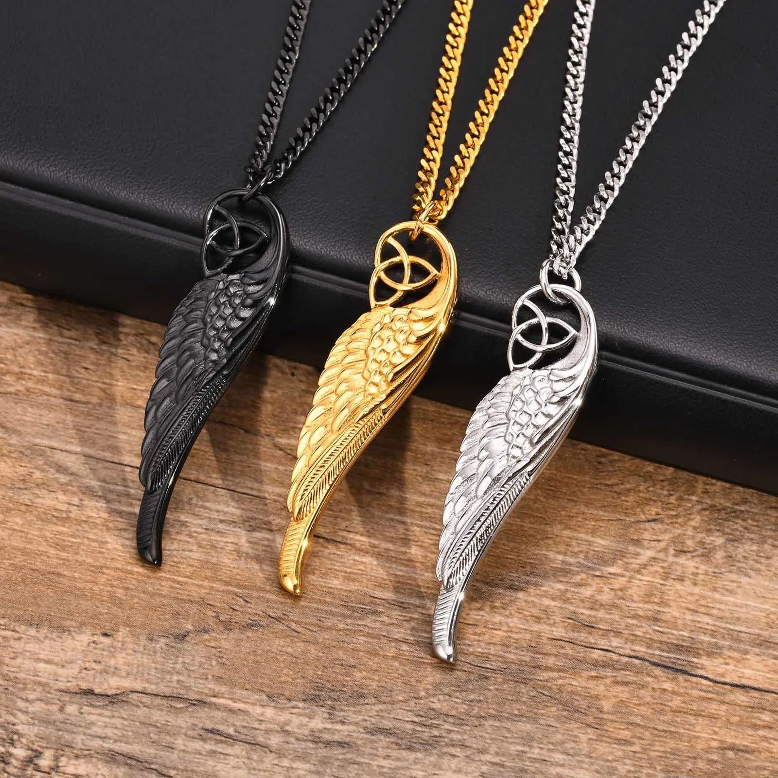 Nordic Viking Celtic Knot Necklaces for Men, Stainless Steel Angel Wing Pendant