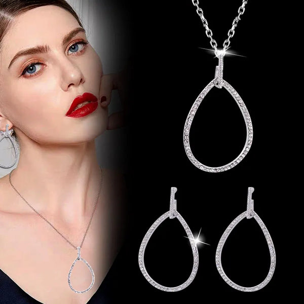 Simply Fashion Jewelry Hollow Teardrop Earrings necklaces set Black Silver Color Chain Necklace