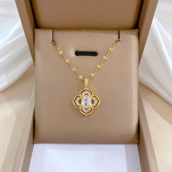 316L Stainless Steel Gold Plated Elegant Charm Crystal Flower Pendant Necklace