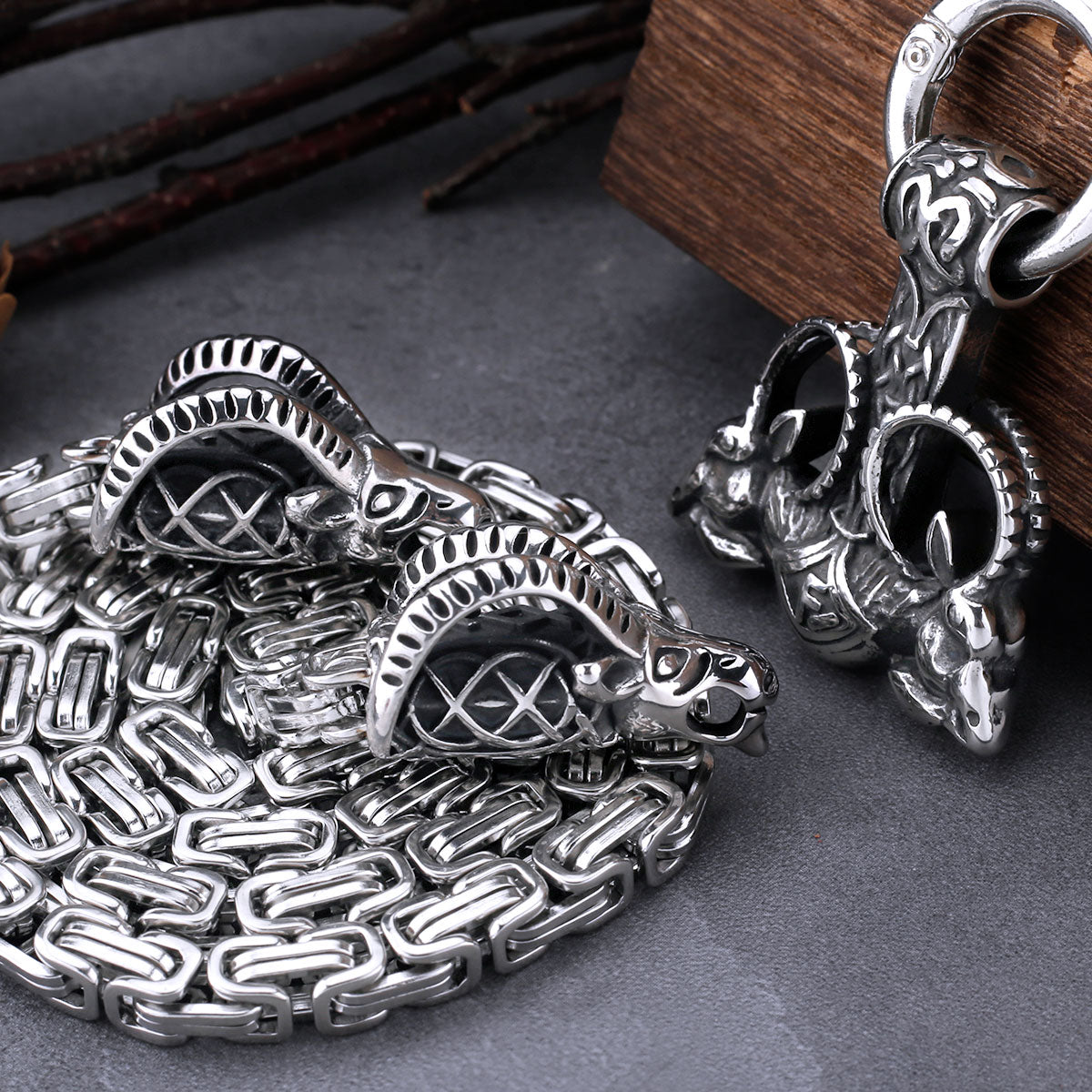 Stainless Steel Viking Thor Hammer Anchor Pendant Ram Rune Necklace Men's