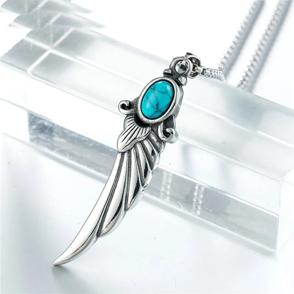 Fashion Necklace European and American Trend Retro Blue Turquoise Feather Wings Male and Female Pendant