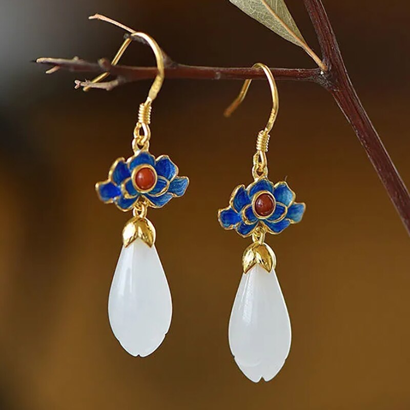 Natural Hetian  jade enamel porcelain Earrings