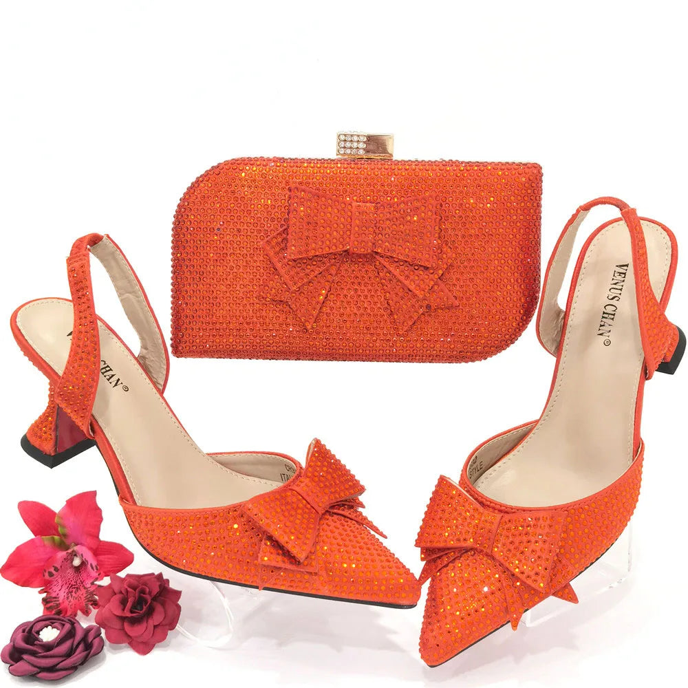 Spring Autumn Shinning Crystal Design Shoes Matching Bag Set