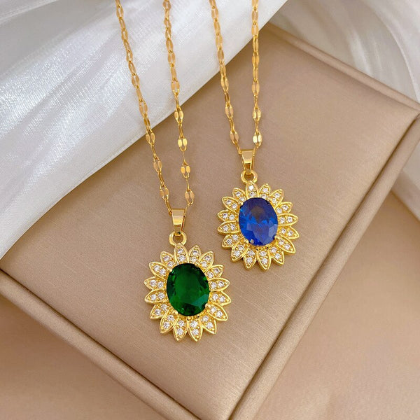 Gold Plated Luxury Jewelry Flower Gemstone Pendant Girl Necklace