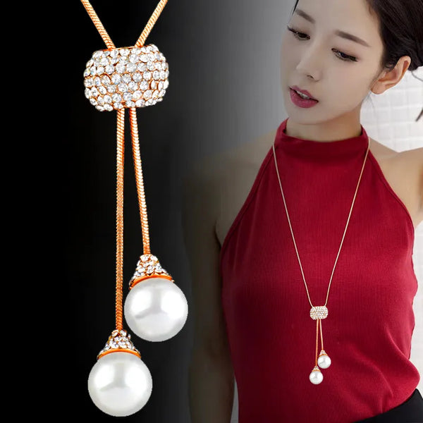 shiny crystal buckle tassles pendant pearl necklace gold silver color long chain women