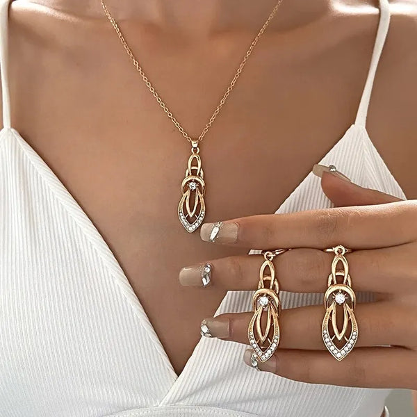 2PCS Vintage Geometric Shiny Zircon Jewelry Set Exquisite Pendant Necklace Hoop Earrings