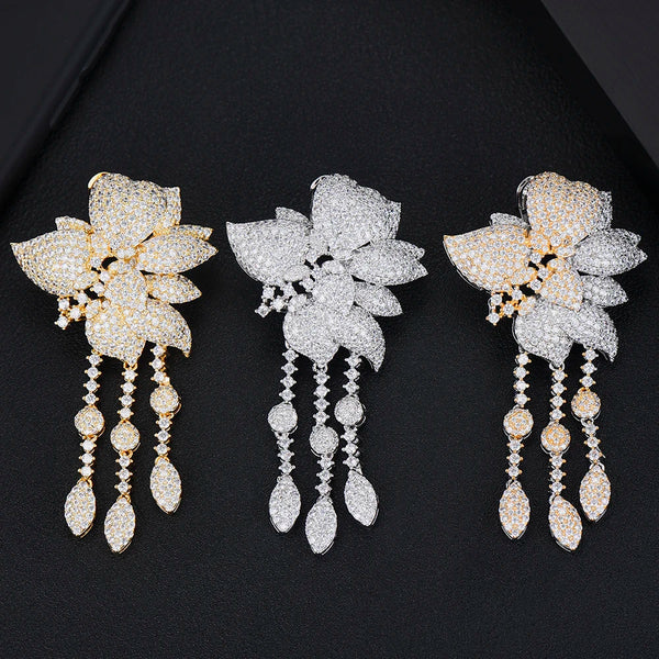 Luxury Bridal Wedding Engagement Blooming Flowers Pendant Earrings