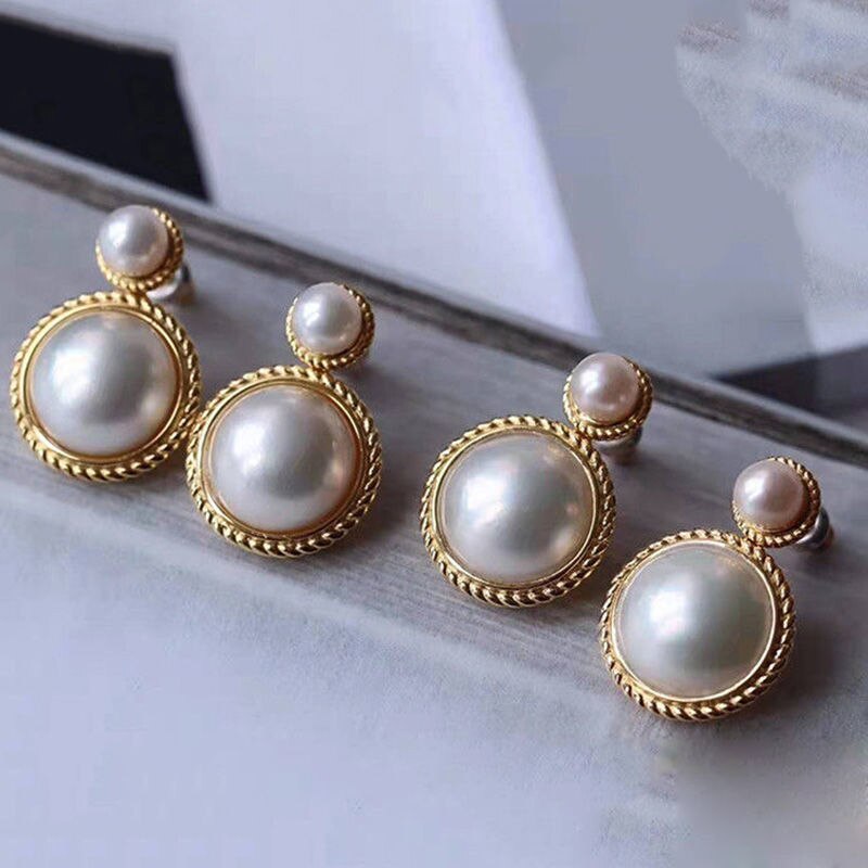 original silver inlaid round pearl earrings