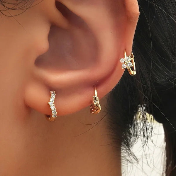 3 PC Set Crystal Gold-Color Hoop Earrings